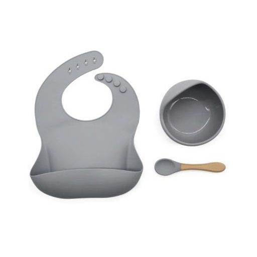 Szilikon étkészlet babáknak, állítható előke és vákuumtalpas tányér kanálkával