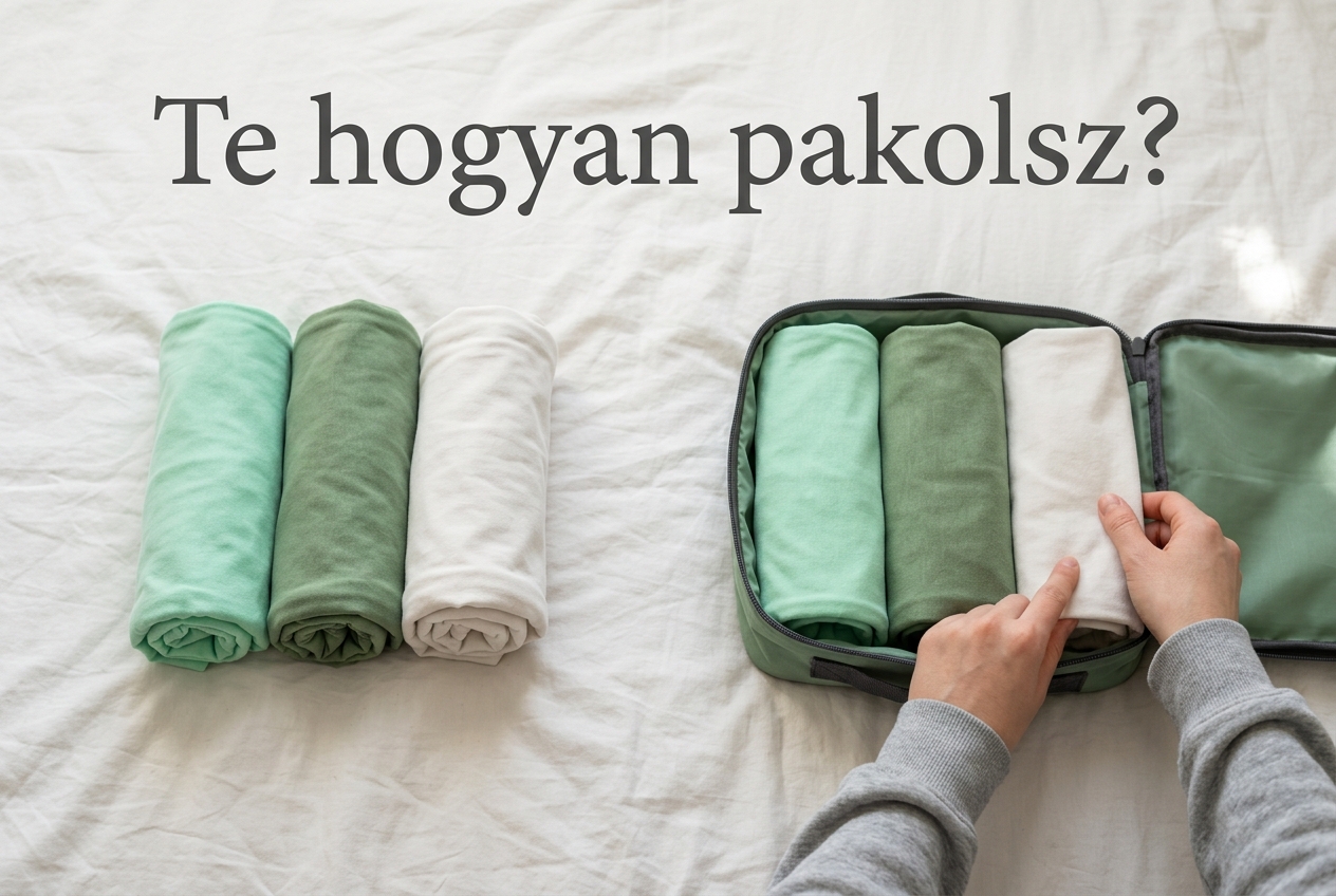 Feltekerve és állítva hajtogatva elhelyezett pólók egy ruharendező mellett