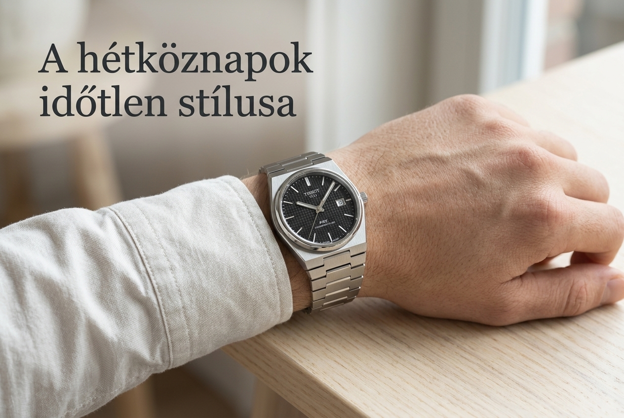 Tissot PRX Powermatic 80 fekete számlappal és acélcsattal, ingujj mellett viselve