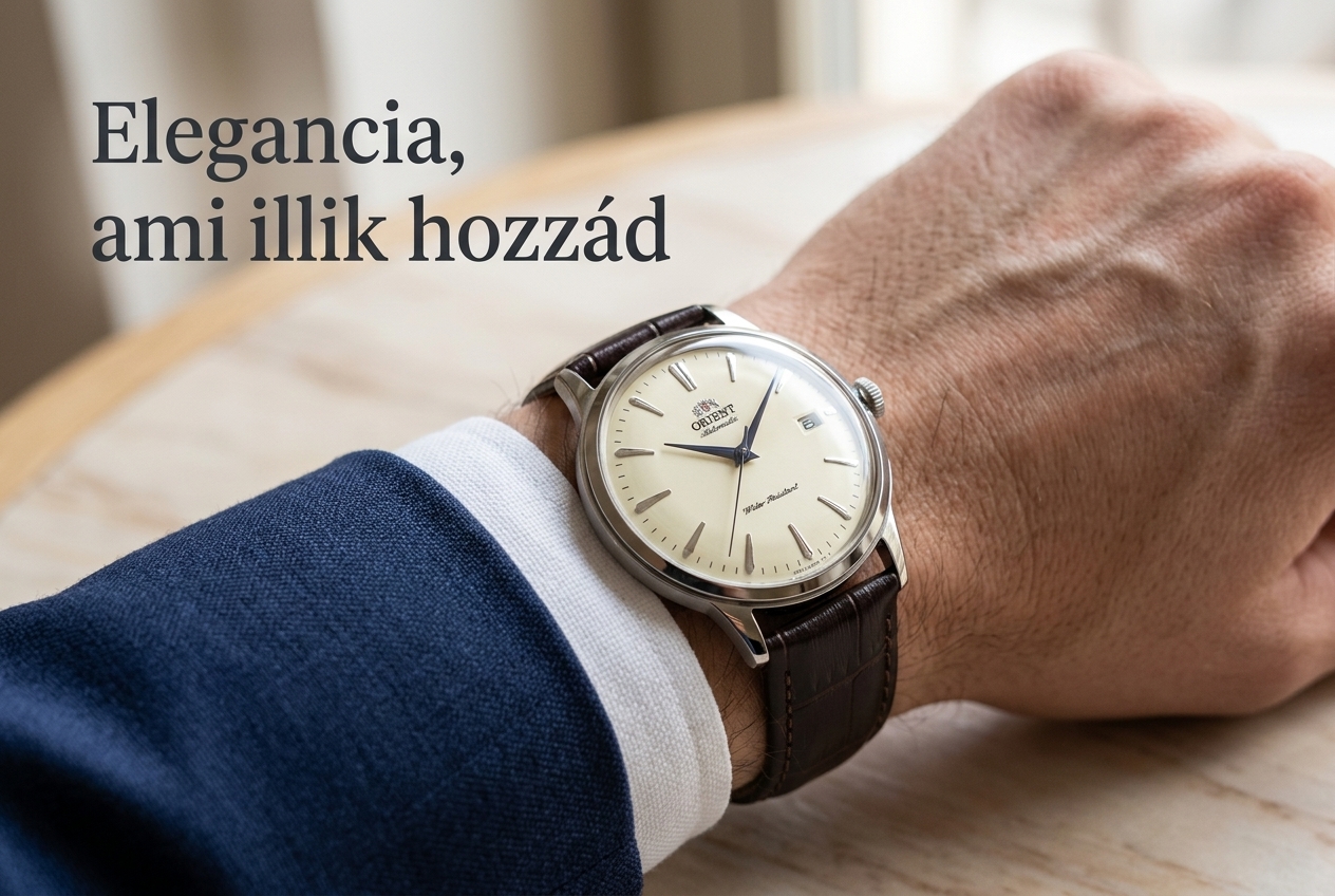Orient Bambino RA-AC0M04Y barna bőrszíjjal, fehér ing és sötét öltöny mellett