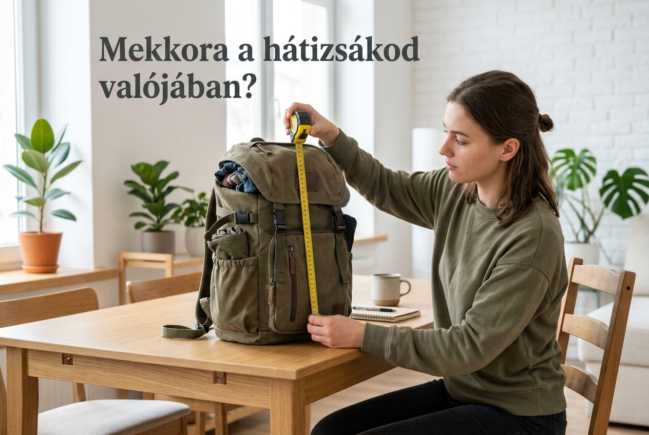 Megpakolt hátizsák külső méretének mérése mérőszalaggal