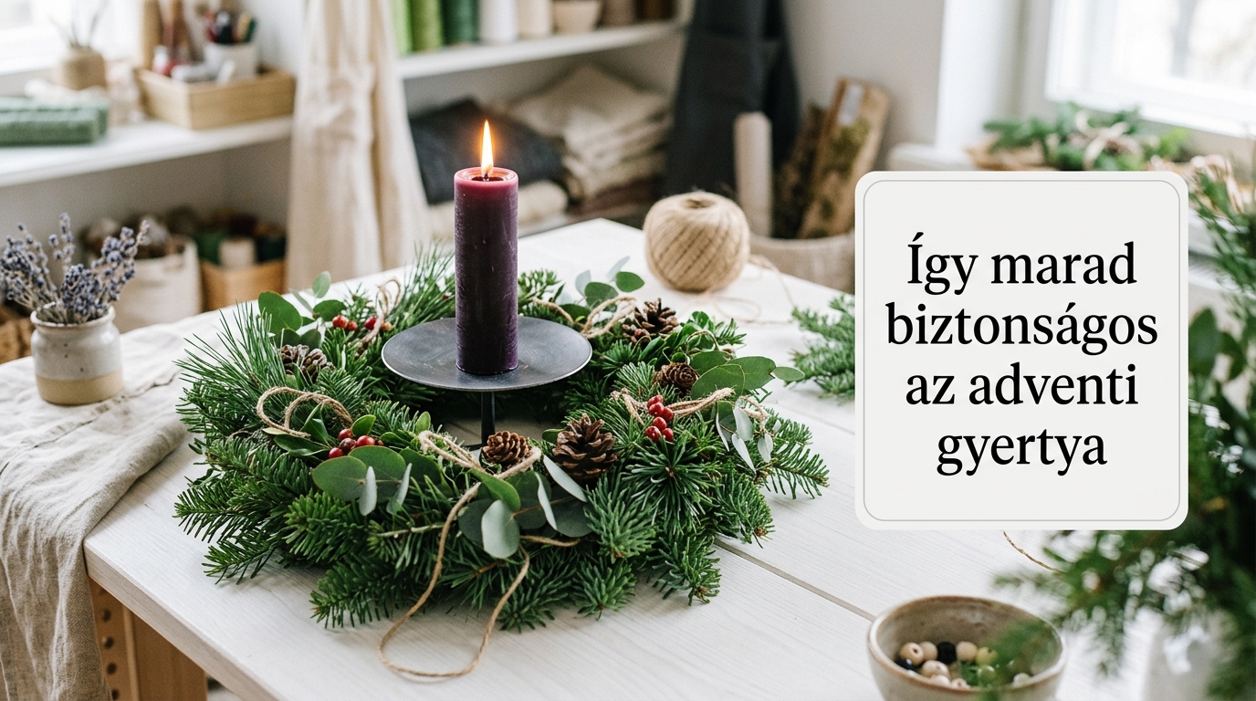 Lila adventi gyertya biztonságos fém gyertyatüskén és alátéten egy fenyőkoszorún