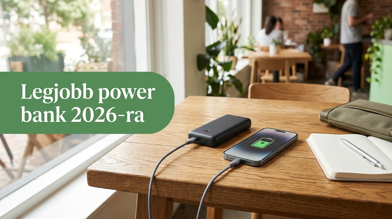 Okostelefon töltése power bankról egy kávézó asztalán