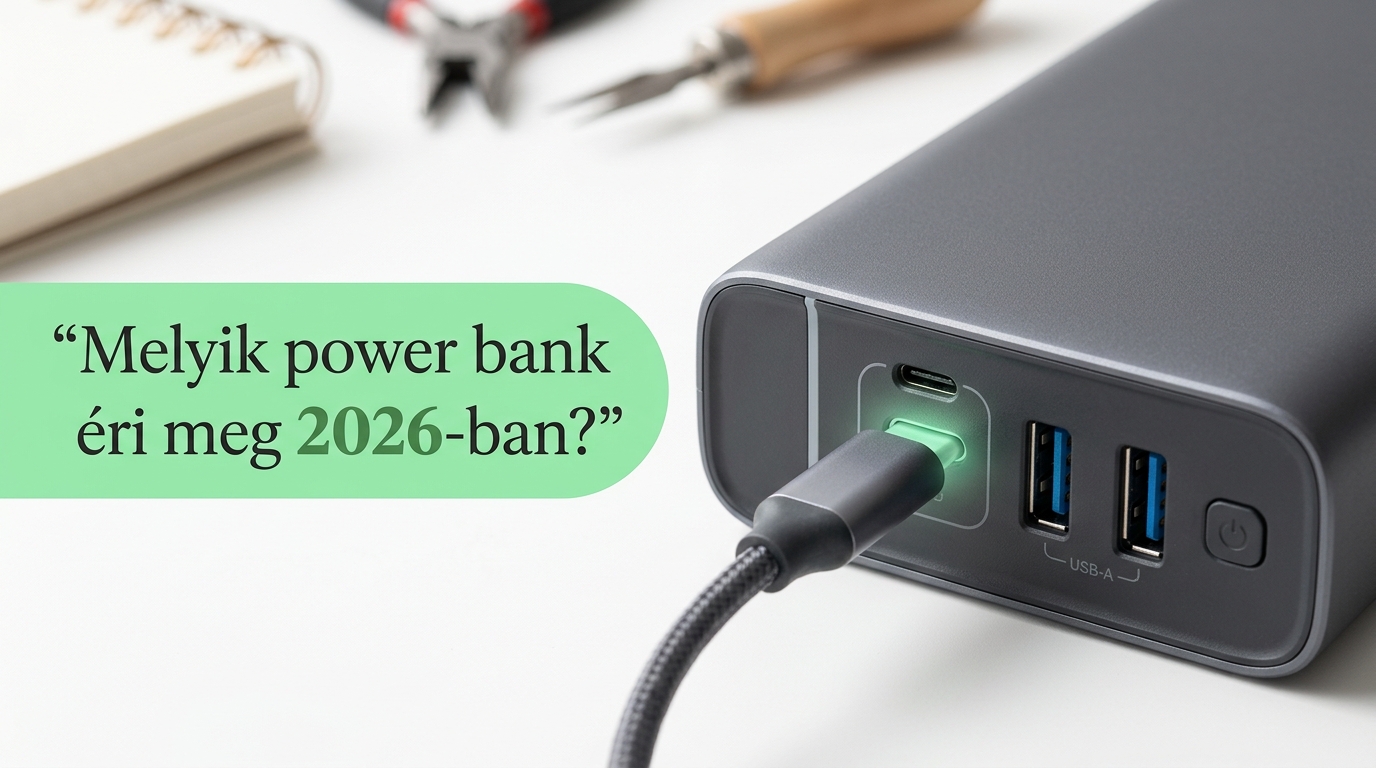 Power bank USB-C és USB-A csatlakozói közelről