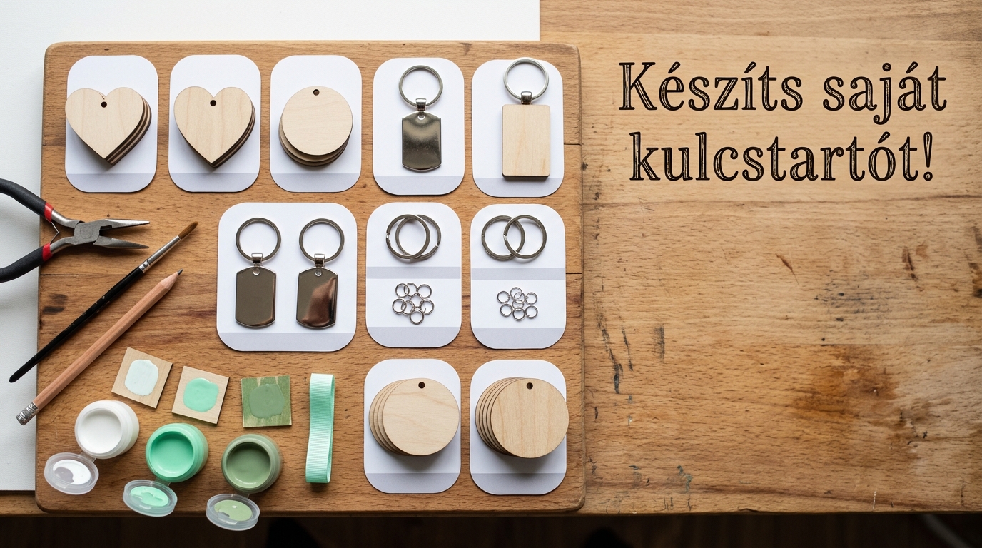 Fa és fém kulcstartó alapanyagok, karikák és kézműves eszközök egy fa munkaasztalon