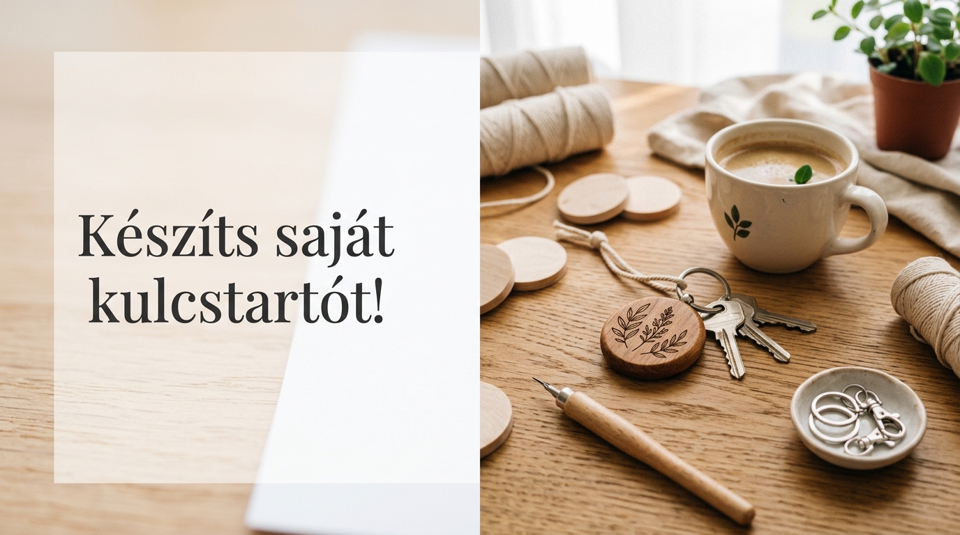 Gravírozott fa kulcstartó kulcsokkal egy asztalon, kávéscsésze mellett