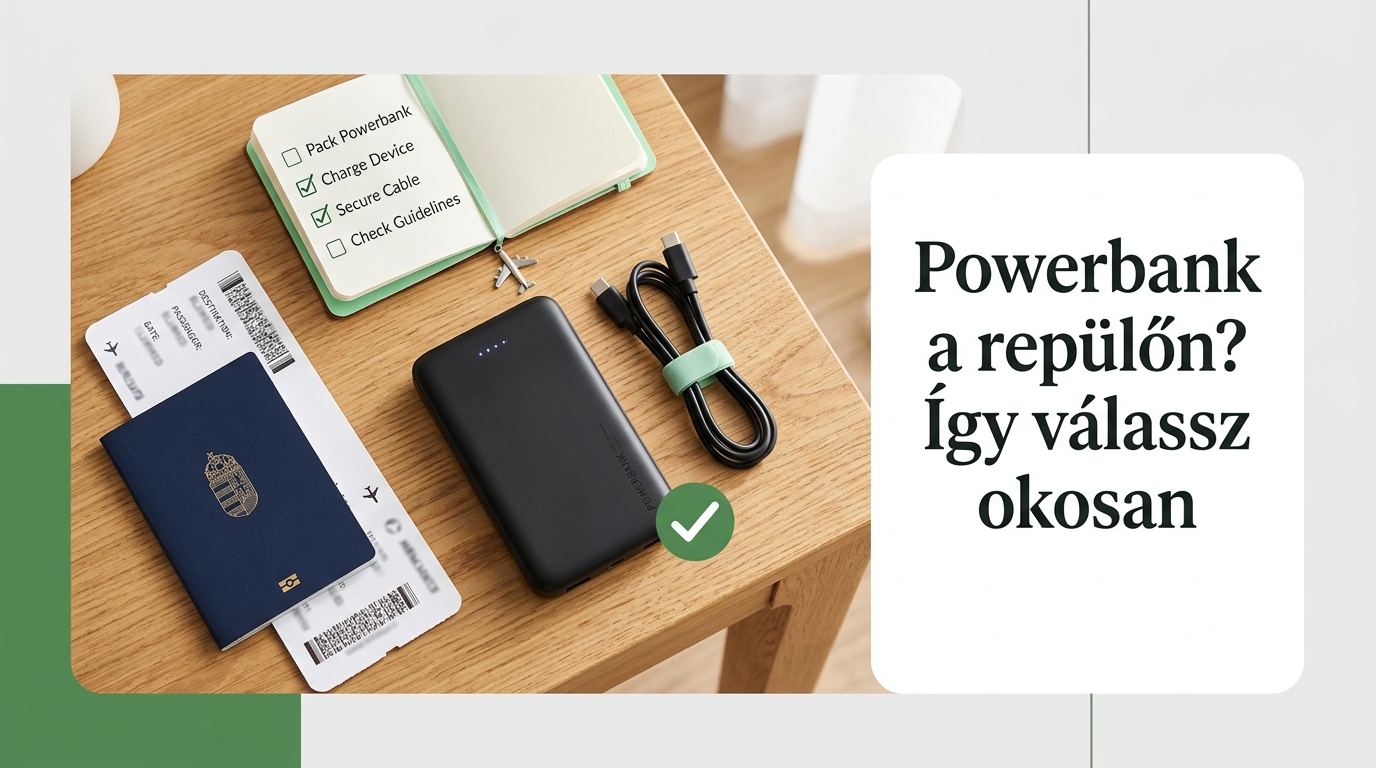 Powerbank, útlevél és beszállókártya az asztalon a repülés előtti pakolás során