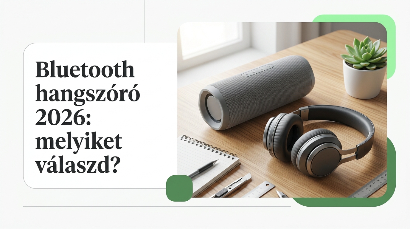 Bluetooth hangszóró és összehajtható fejhallgató egy asztalon